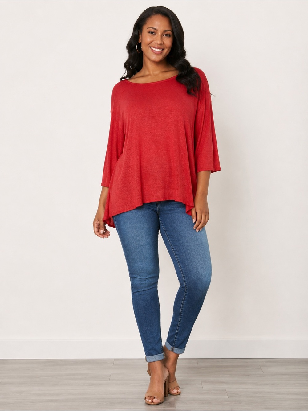 Alexis 100% Linen Knit Boatneck Top Red Oversized High Low Hem Size Small